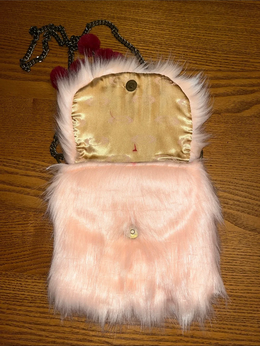 Joyfolie Pink Faux Fur Crossbody Bag with Red Accent Charm